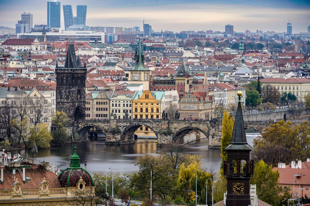 Overlooking Charles Bridge to the city skyline of Prague on the far hill