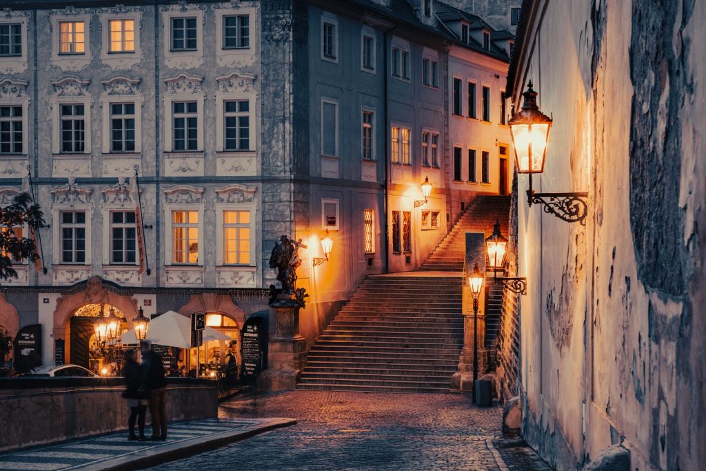 Stairs of Prague Castle at dusk