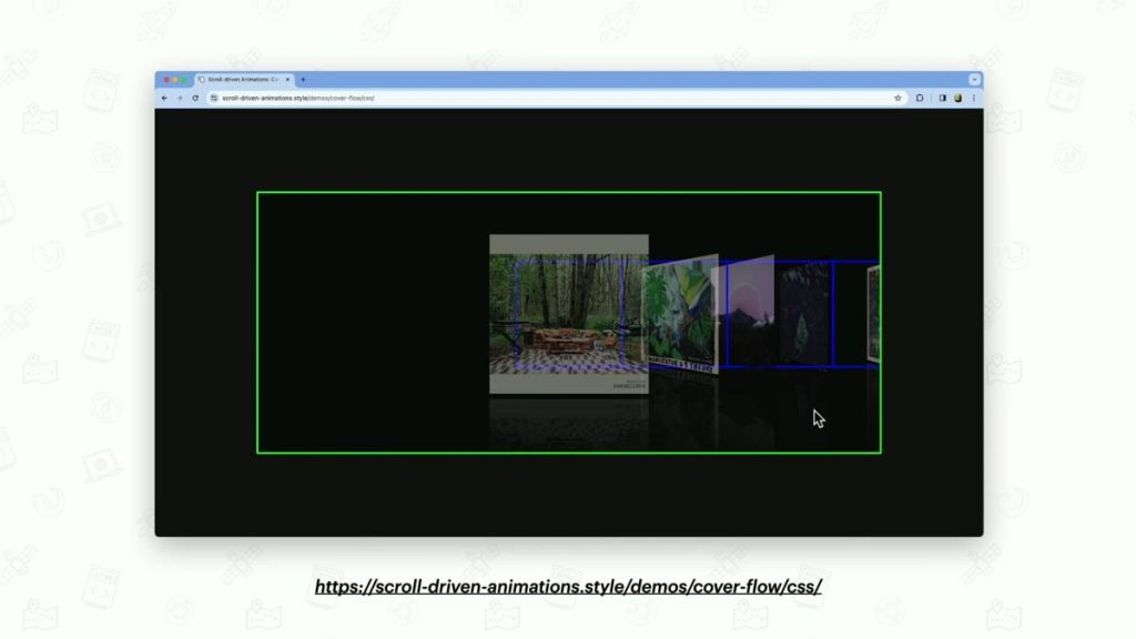 Screenshot of a cover-flow demo during the talk where Bramus scrolls up and down showing the left and right animation.