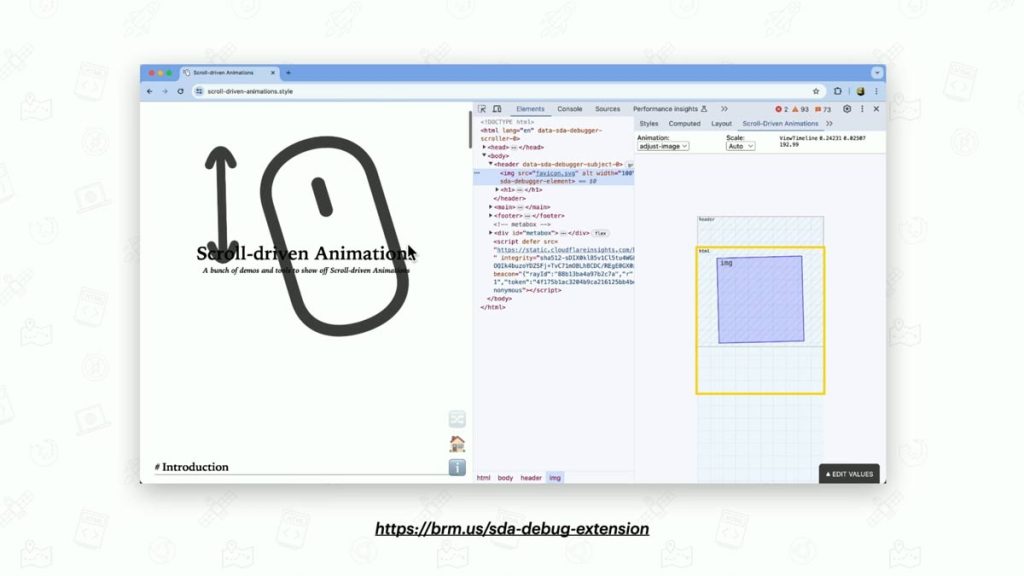 Screenshot from the Chrome Dev Tools Scroll-Driven Animation debugger. Click to open https://brm.us/sda-debug-extension